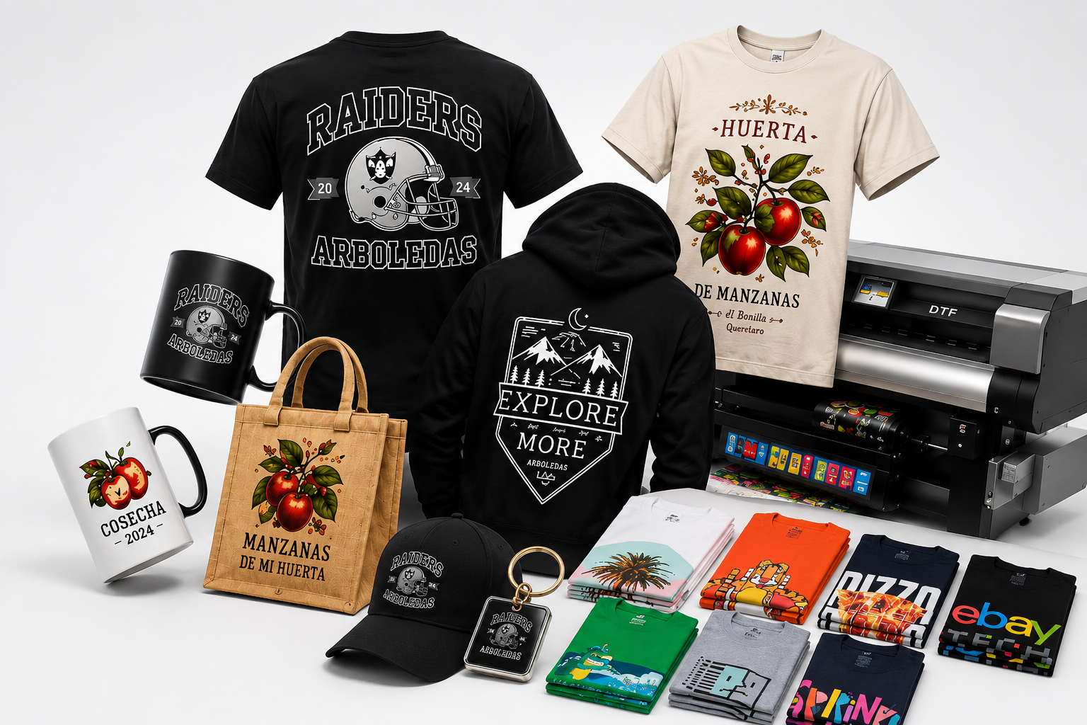 Collage de playeras, sudaderas, tazas, bolsas, gorras, llaveros e impresión DTF