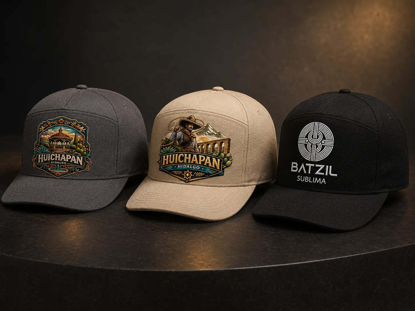 Tres gorras bordadas de Huichapan y Batzil