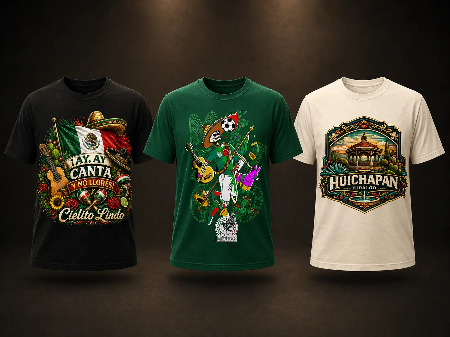 Tres playeras Batzil con diseños Cielito Lindo, calavera musical y Huichapan