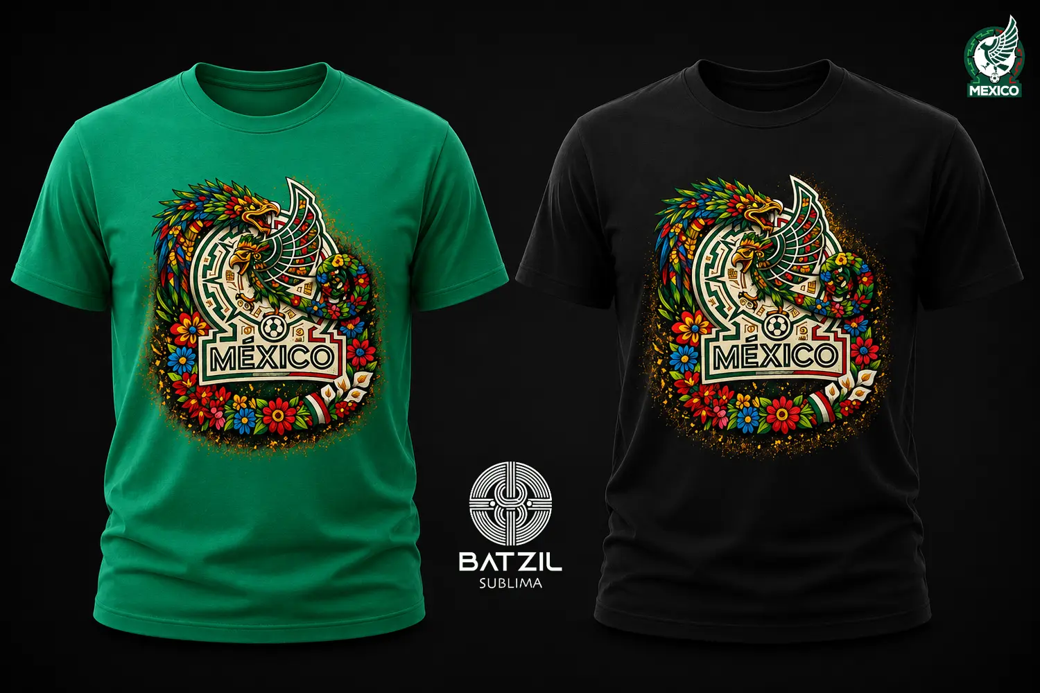 Playeras verde y negra con diseño de águila y serpiente