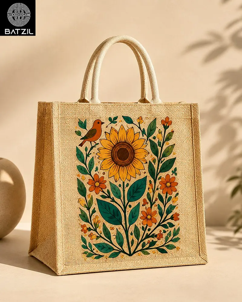 Bolsa de yute completa con estampado de girasol