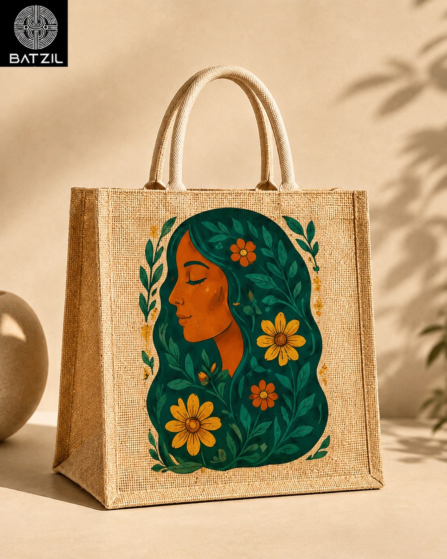 Bolsa de yute con diseño botánico