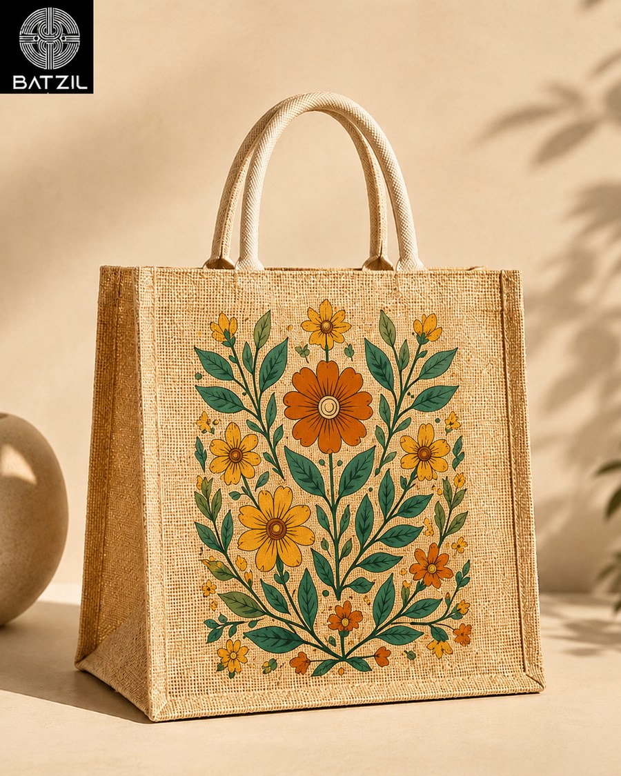 Bolsa de yute con diseño floral artesanal